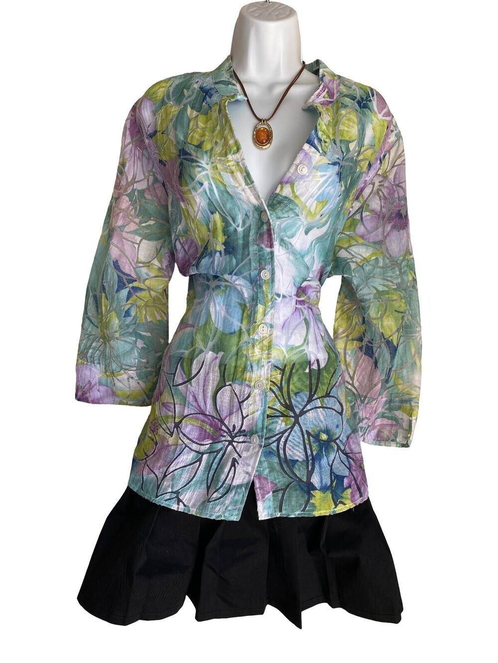 VTG Women's Plus 1X Floral Button Up Tunic Blouse Cottagecore Boho Whimsigoth